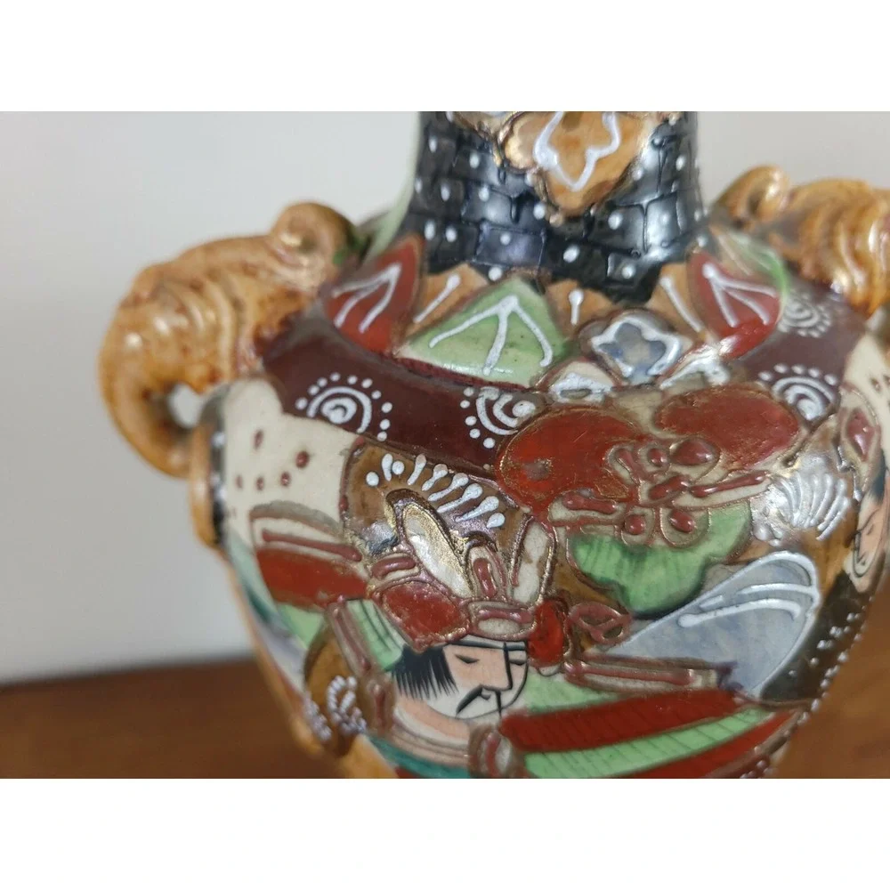 Vintage Japanese Satsuma Moriage Vase Floral Double Handle Hand Painted 12